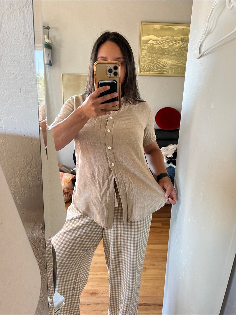 Theory Women's Short Sleeve Button-Down Shirt in Taupe - Picture 7 of 7